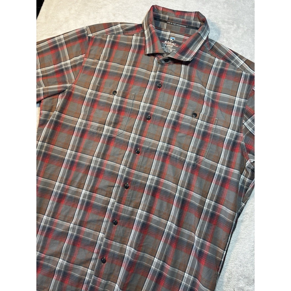 Kuhl Shirt Mens Large Gray Red Plaid Blend Tapered Fit Hiking Outdoors Summer